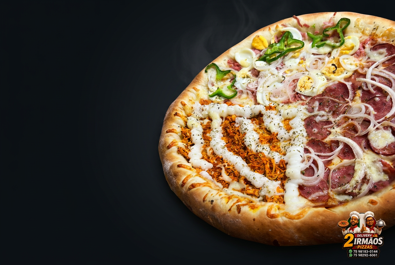 Pizza artesanal da Pizzas Dois Irmãos com vários sabores e borda recheada