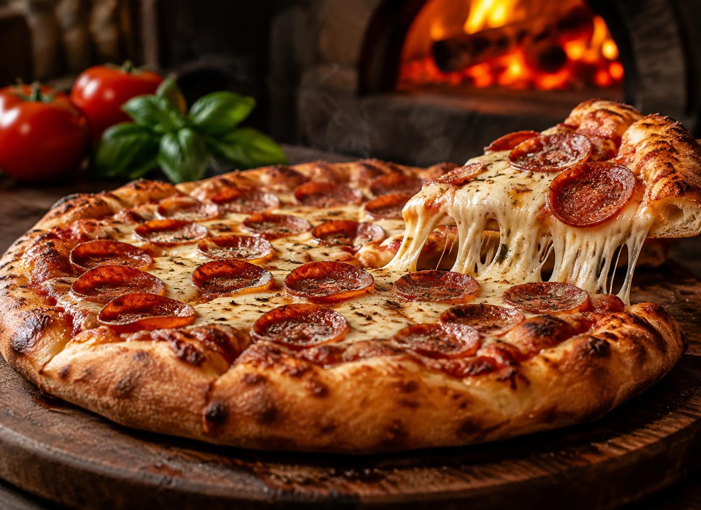 Pizza de calabresa com queijo derretido saindo do forno a lenha